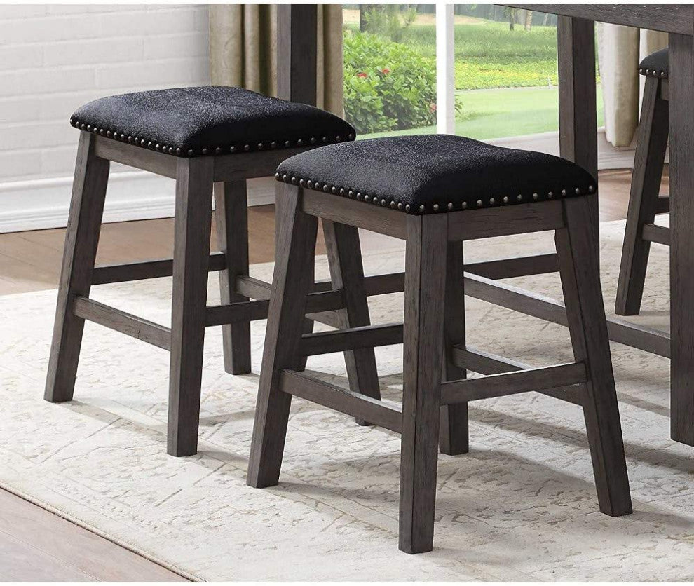 Benzara BM180295 Wood/Leather Counter Height Stool Nail head, 2 set, Black/Gray