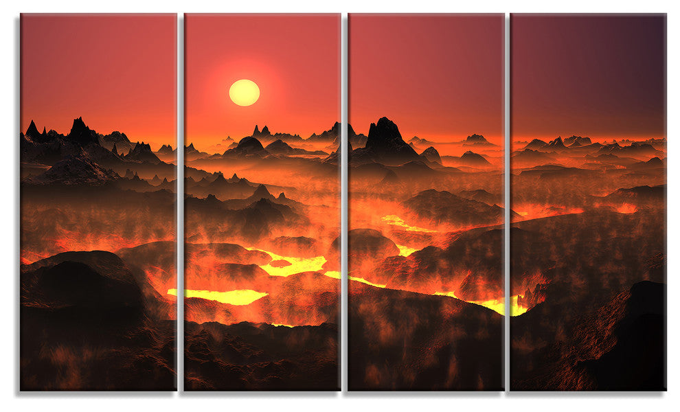Burning Volcano Country, Landscape Canvas Art Print, 48"x28", 4 Panels