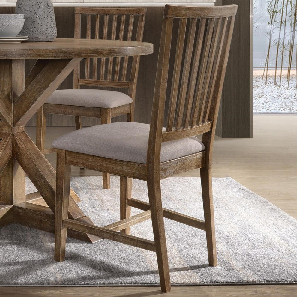 Set of 2 Upholstered Side Chair, Tan/Weathered Oak