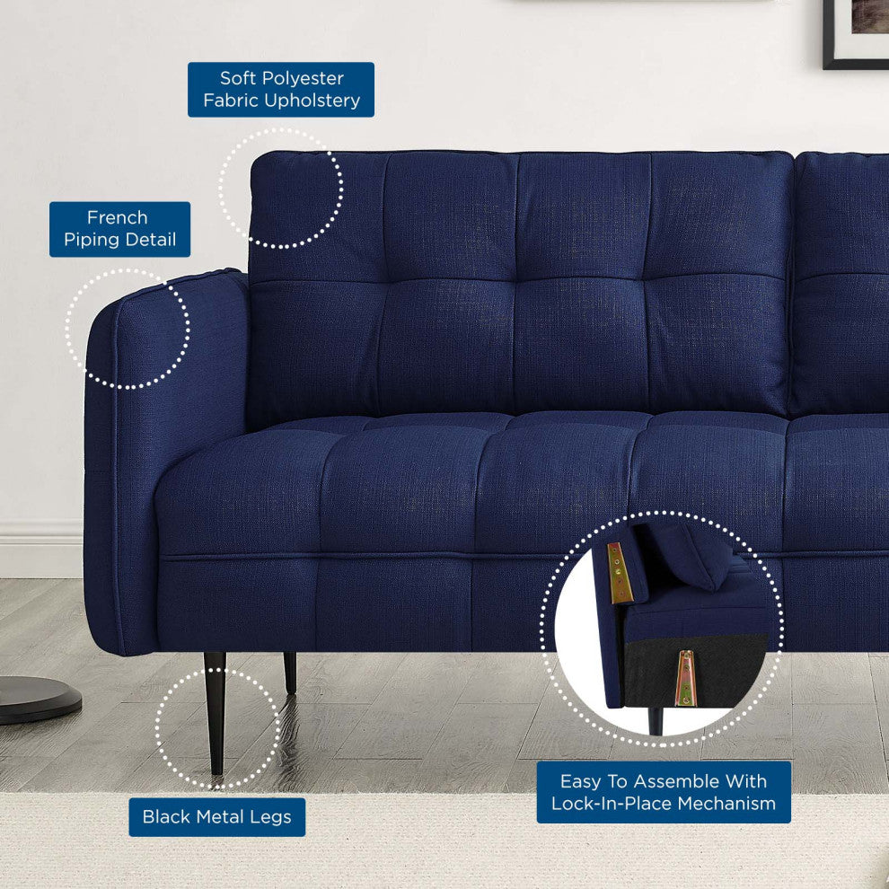 Tufted Sofa, Fabric, Dark Blue, Modern, Living Lounge Hotel Lobby Hospitality