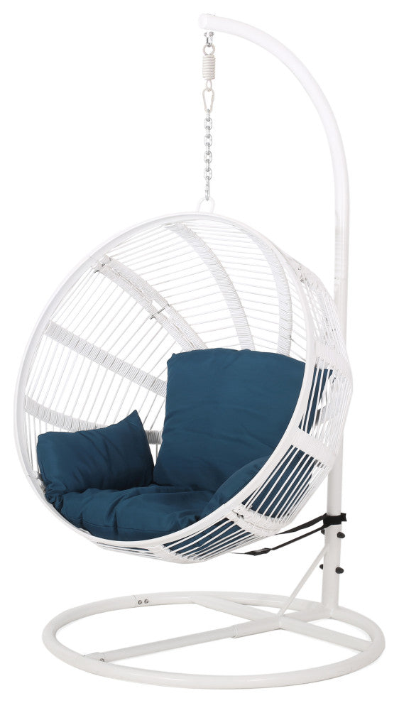 Ansonia Outdoor Rope Weave Hanging Chair With Stand, Darl Teal + White
