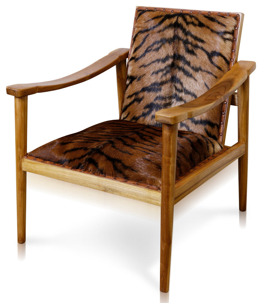 Galaxia - Tiger Print Lounge Chair - Solid Teak Wood Frame - Light Stain Finish