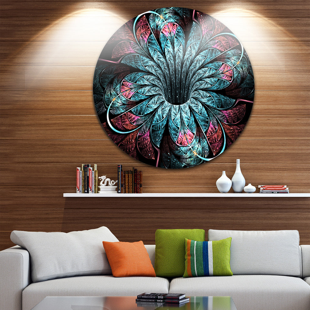Glittering Dark Fractal Flower Digital Art, Floral Round Wall Art, 23"