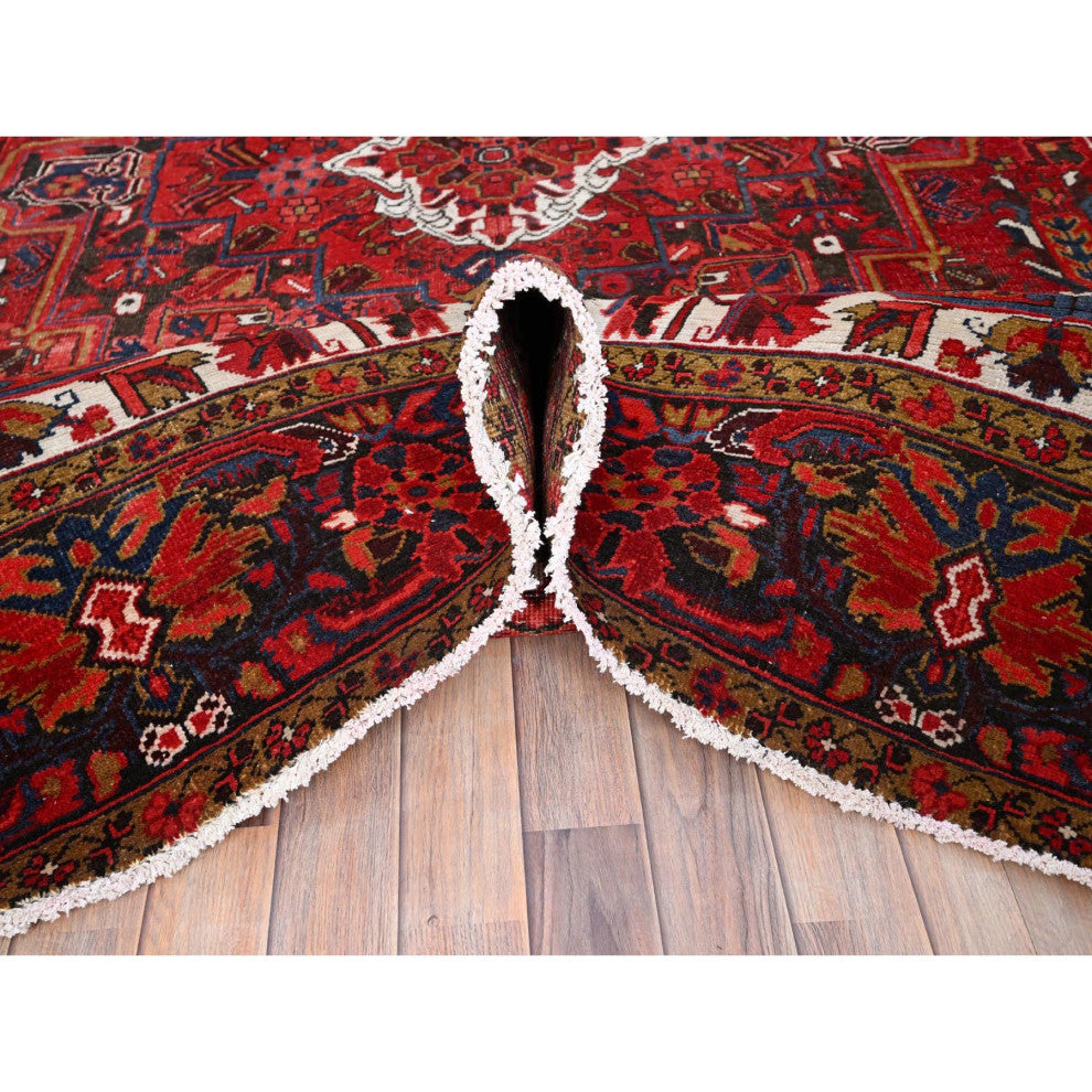 Barn Red Pure Wool Hand Knotted Vintage Persian Heriz Oriental Rug 8'2"x11'10"