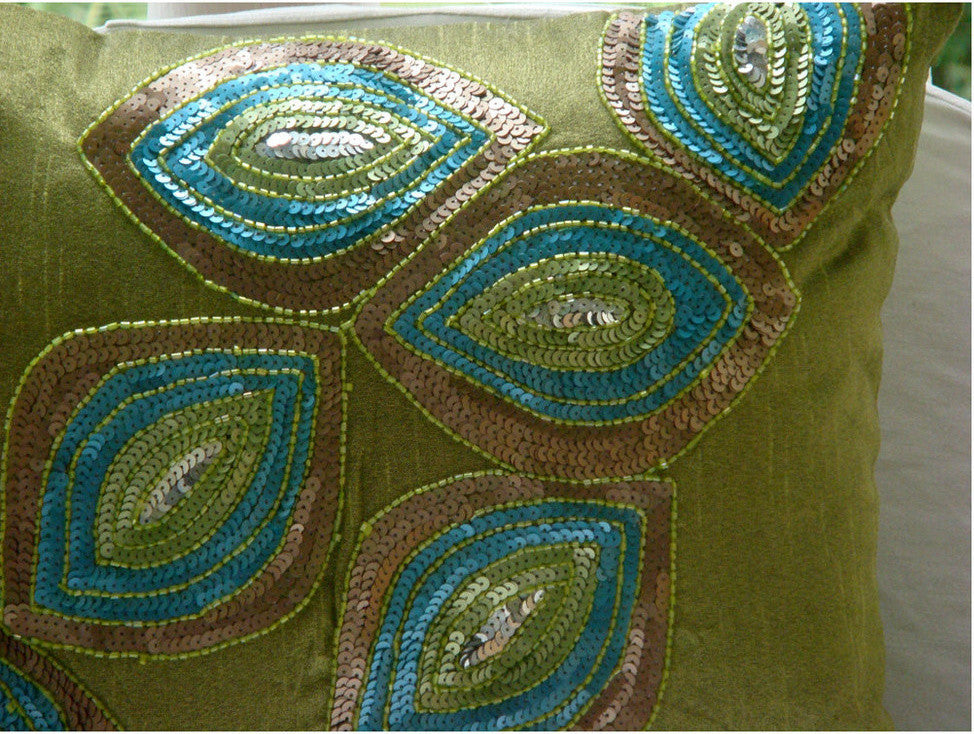 Green Art Deco Pillow Covers 20"x20" Throw Pillow Cover, Sequins Art Silk