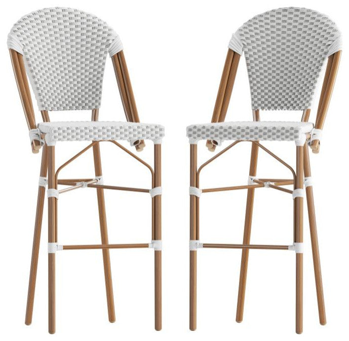 Set of 2 Stackable Indoor/Outdoor French Bistro 30" Bar Stools, White & Gray/Natural Frame