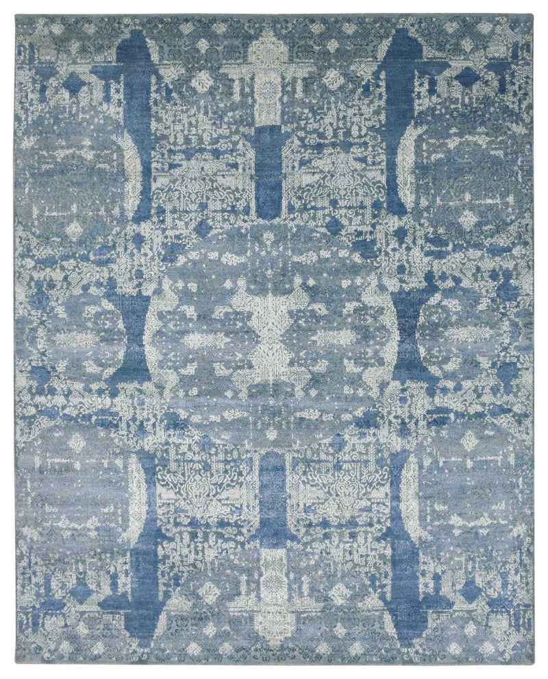 Blue Wool and Pure Silk Hand Knotted Jewellery Design Oriental Rug, 7'10"x10'0"