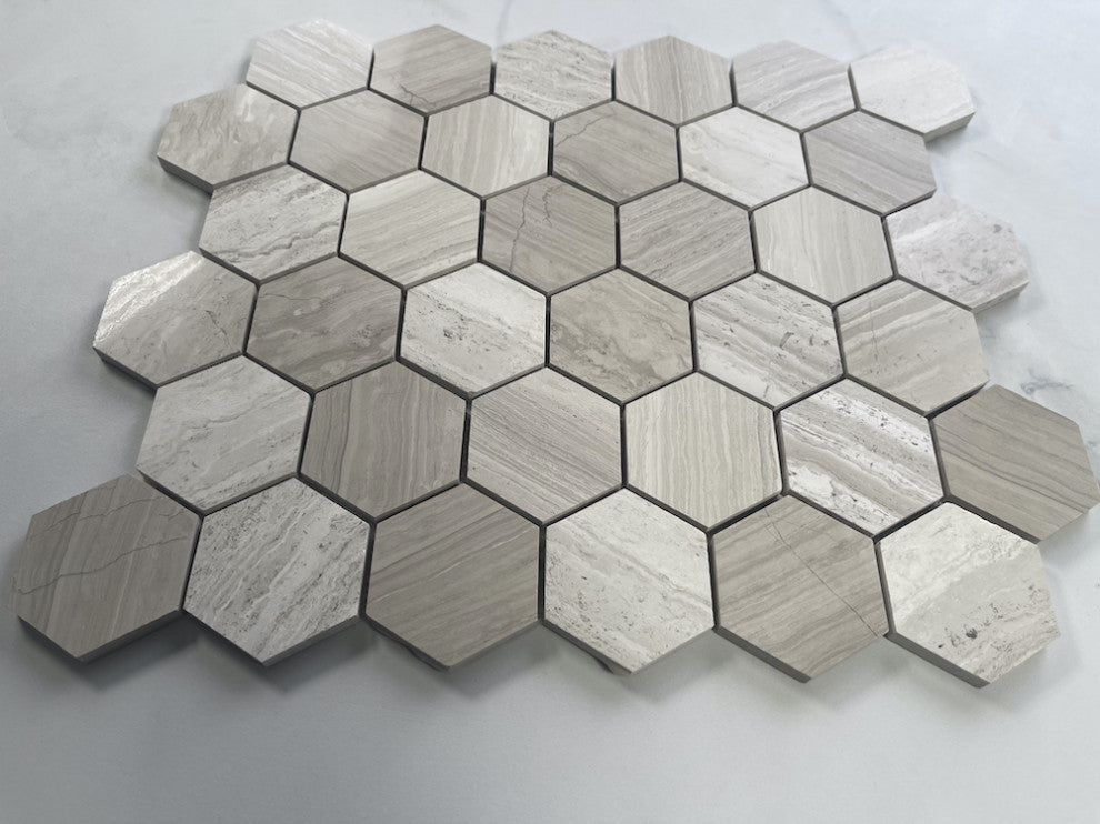 2" Hexagon Athens Silver Cream Haisa Marble Wooden Beige Tile Polished, 1 sheet