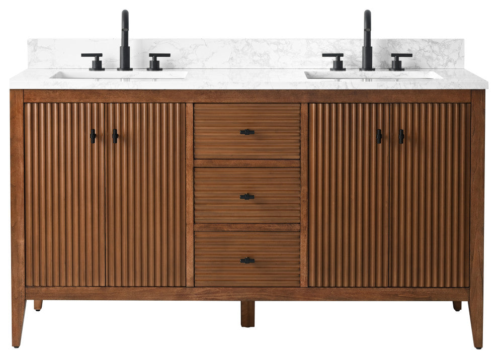 Vanity Art Freestanding Vanity, Walnut, 60", Double Sink, Matte Black