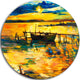 Boat And Pier In Yellow Shade, Seascape Painting Round Wall Art, 38"