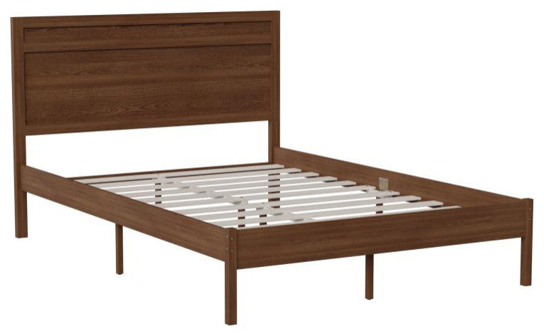 Kingston Solid Wood Platform Bed with Wooden Slats and Headboard, Brown, Full