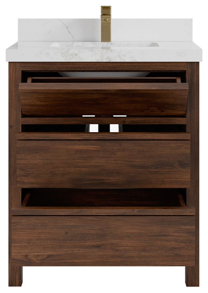 Elizabeth 30 Single Sink Bath Vanity in Dark Walnut Teak 2" Calacatta Nuvo