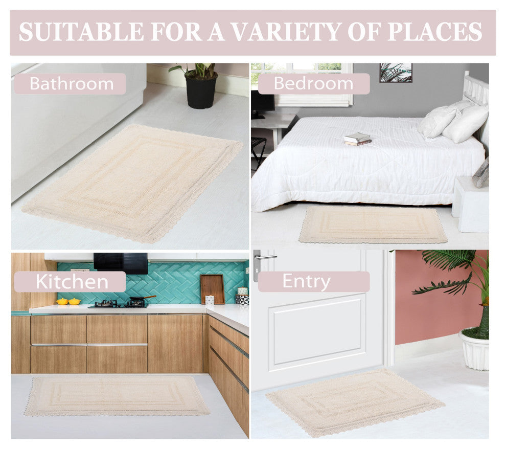 Opulent Reversible Bath Rug Set, Mat Non Slip, 21"x54" Runner, Ivory