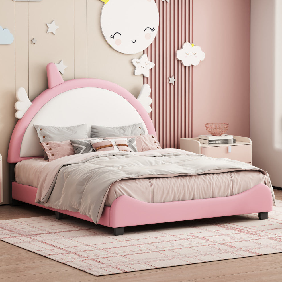 Gewnee Upholstered Full Platform Bed With Unicorn Shape Headboard in Pink