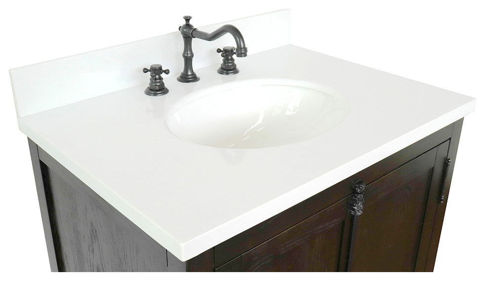 30" Single Vanity, Brown Ash, White Engineered Stone Top, Oval Sink