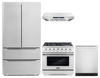 4-Piece, 36" Gas Range, 36" Range Hood, 24" Dishwasher and Refrigerator