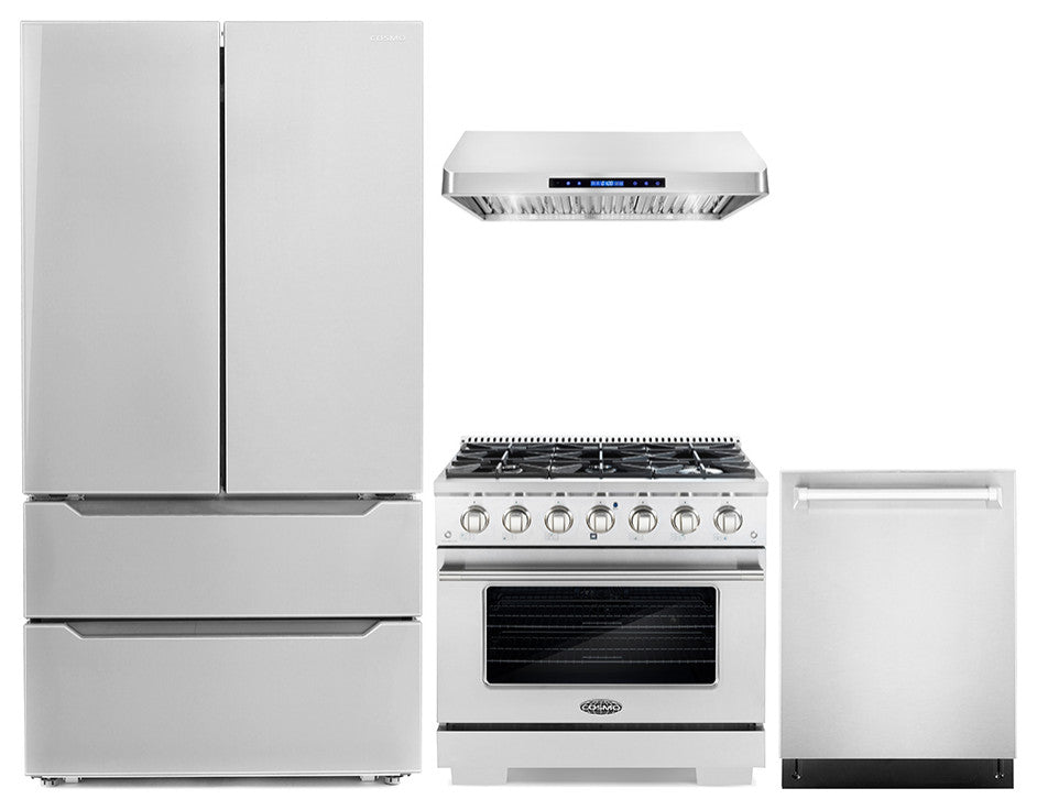 4-Piece, 36" Gas Range, 36" Range Hood, 24" Dishwasher and Refrigerator
