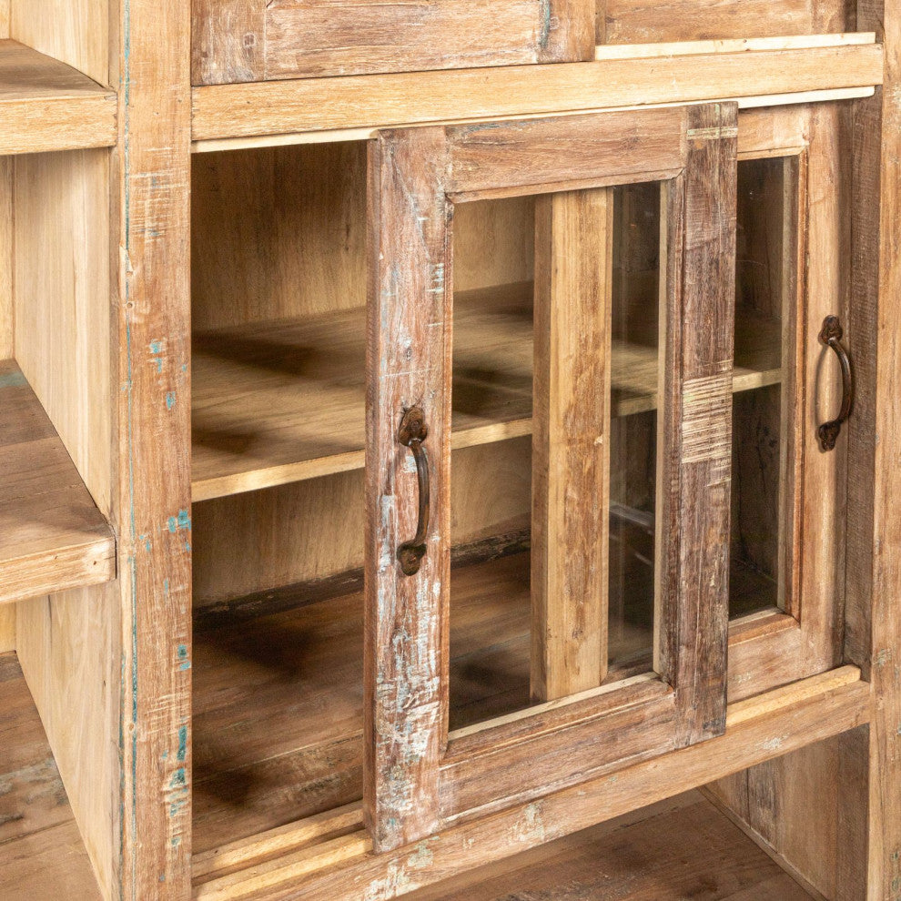 Reclaimed Wood Cabinet With 8 Glass Doors and 11 Shelves, Natural