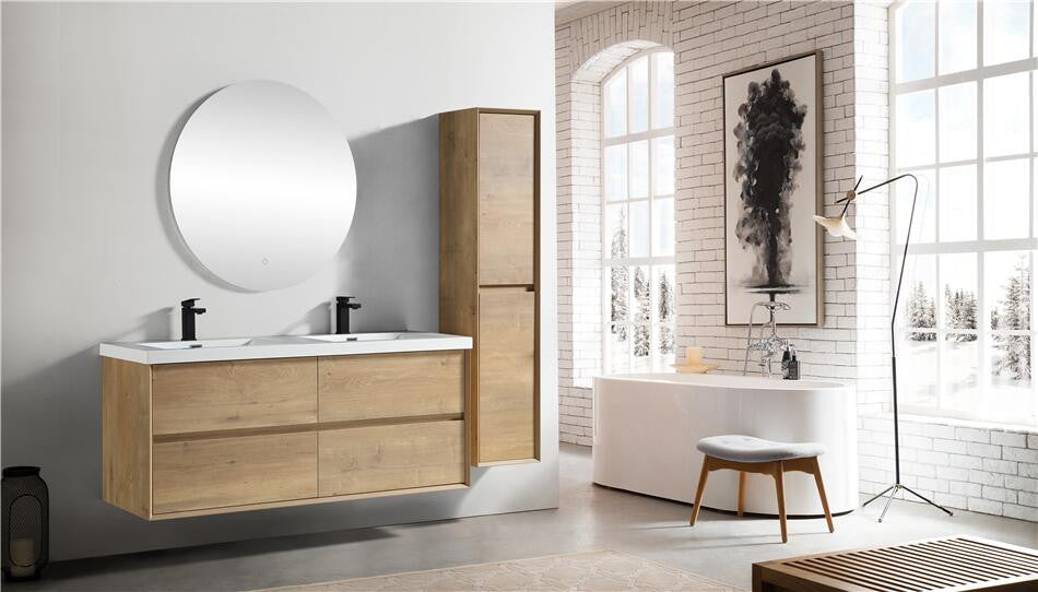 Ashley 60'' Floating Vanity, Acrylic Top, Double Sink, White Oak