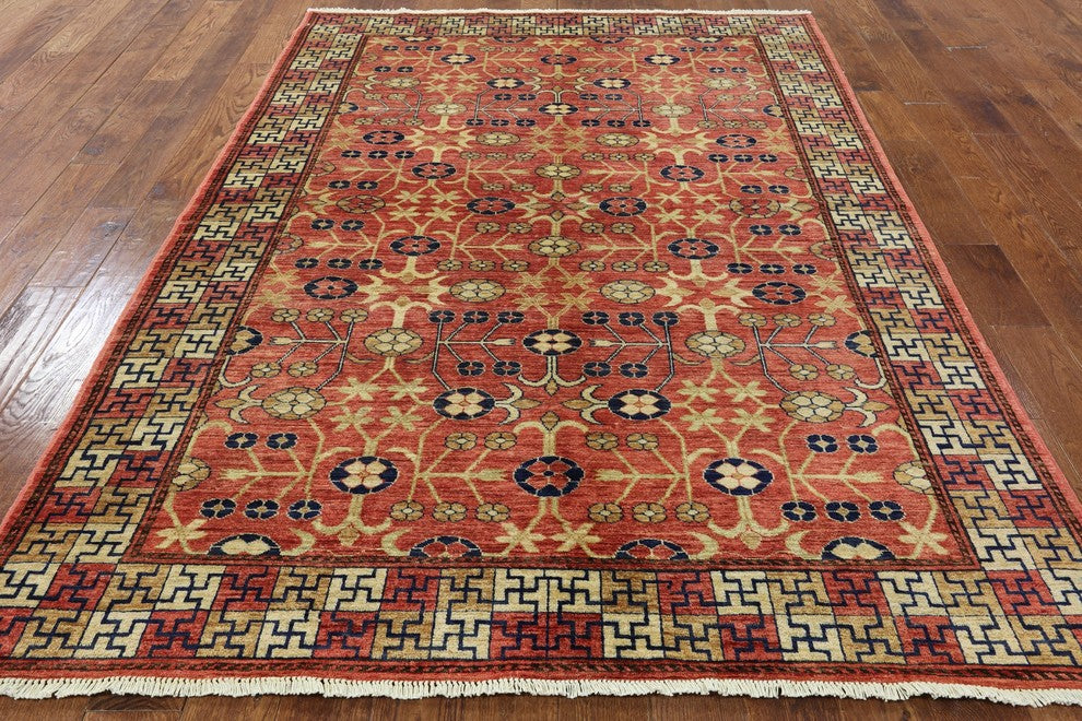 Oushak Style Peshawar Pakistani Chobi Hand-Knotted Wool Rug, 6'x9'