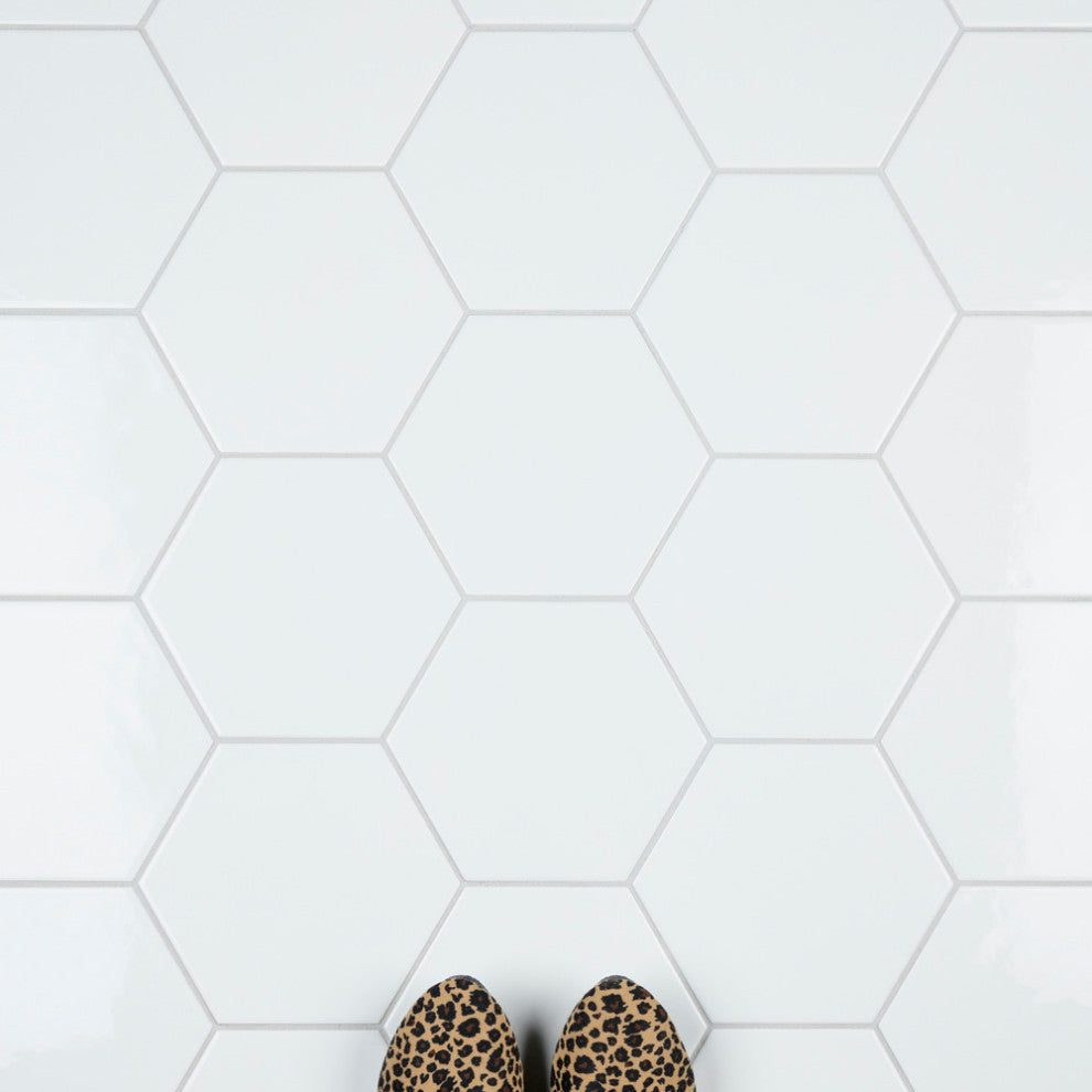 Hextile Ceramic Floor and Wall Tile, Glossy Blanco, 25