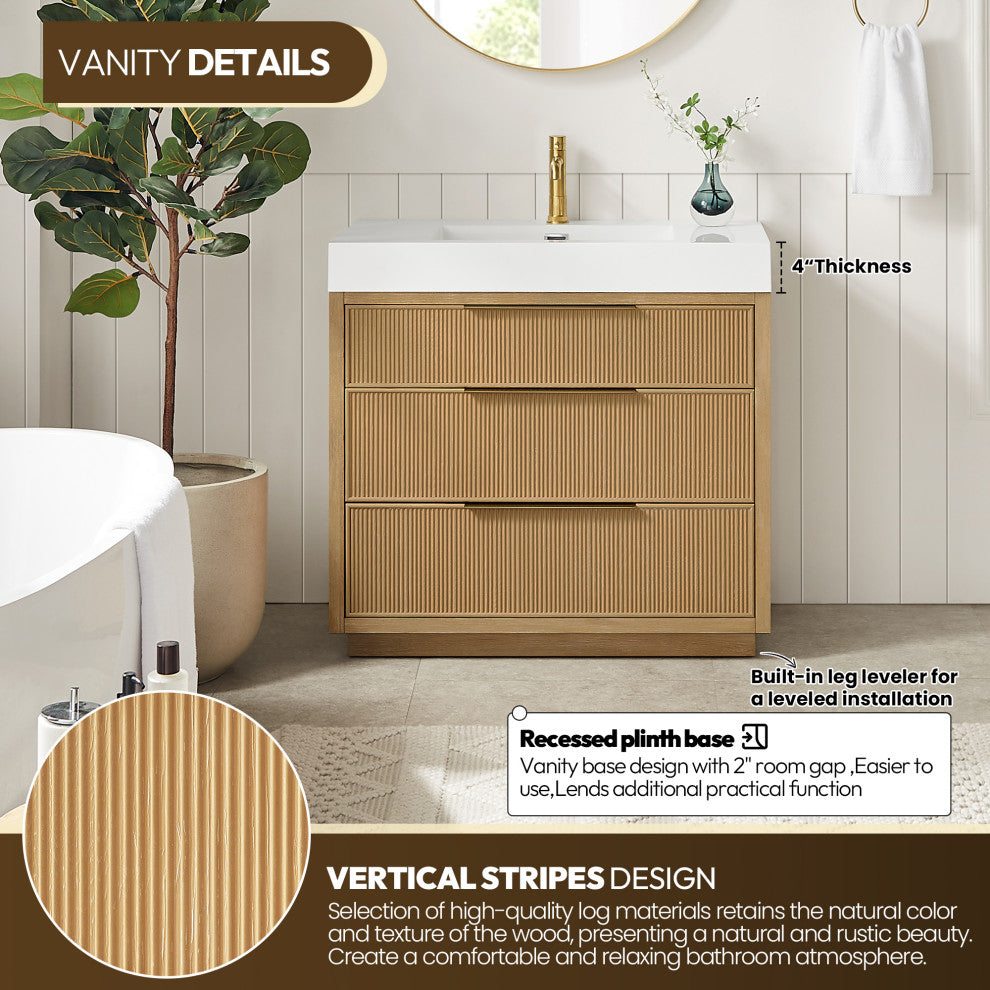 Hohhot Bath Vanity, Stone Sink Top No Mirror, Washed Ash Gray, 36", Single Vanity