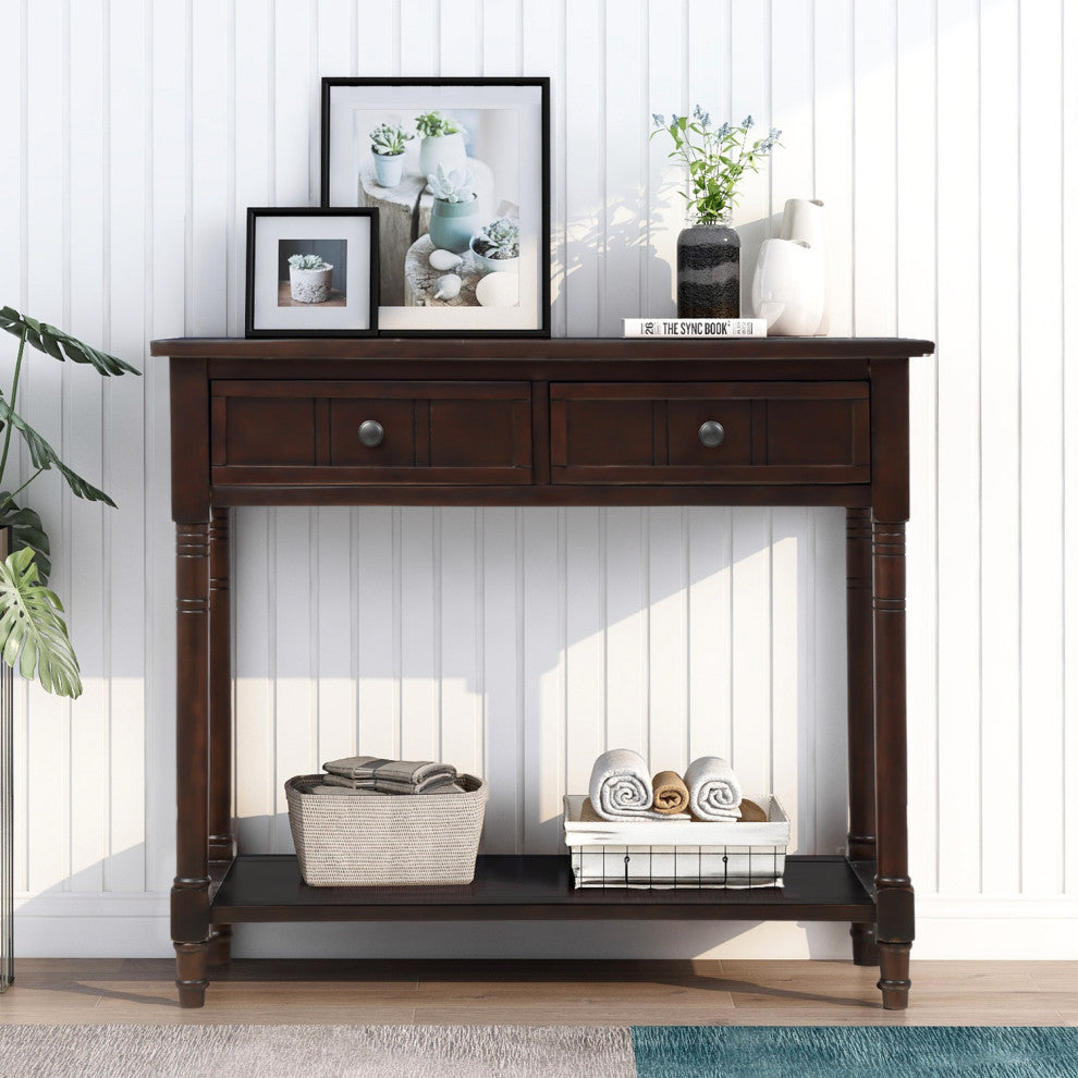 TATEUS Espresso Finish Solid Wood Console Table With Drawers, Espresso