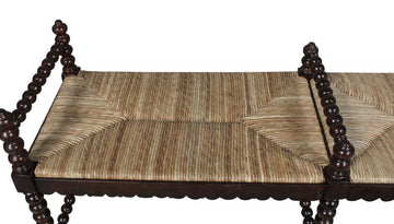 Isle of Man 60" Mahogany and Rush Accent Bench, Bobbin-Turned