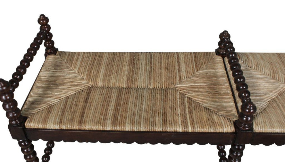 Isle of Man 60" Mahogany and Rush Accent Bench, Bobbin-Turned