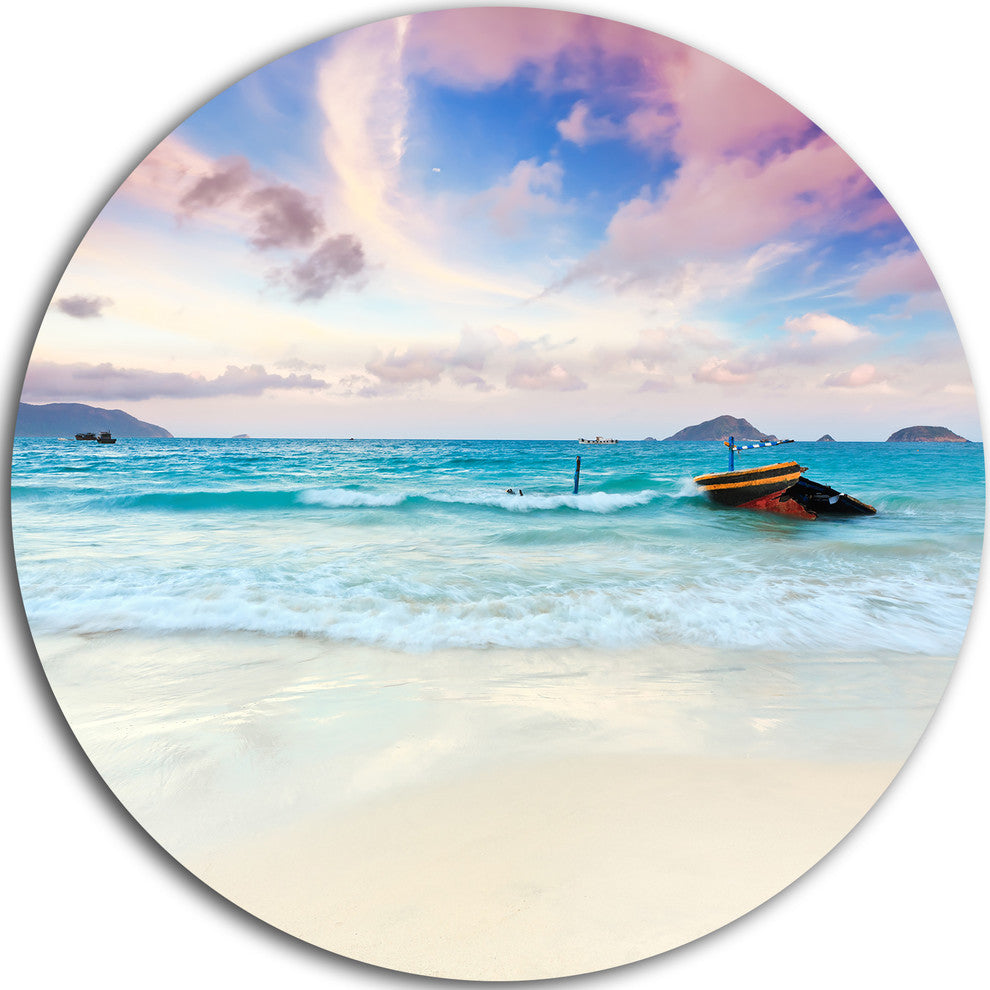 Exotic Seashore Sunset Over Blue Sea, Seascape Round Metal Artwork, 36"