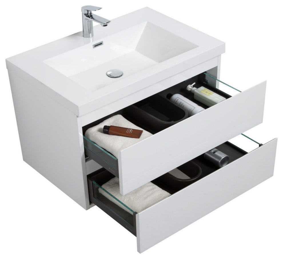 Aurora Wall Mount Vanity, White Acrylic Top, Glossy Polar White, 24"