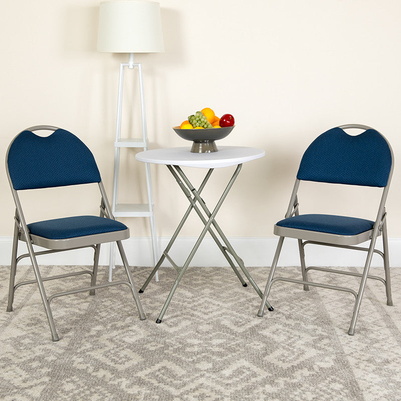 2 Pack HERCULES Extra Large Triple Braced Folding Chair with Easy-Carry Handle, Navy Fabric/Gray Frame
