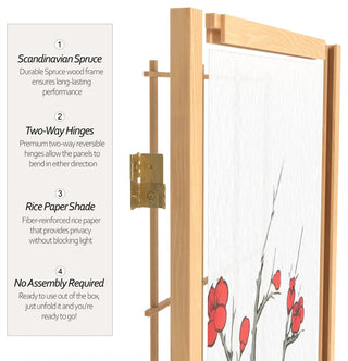 7' Tall Cherry Blossom Shoji Screen, Natural, 4 Panels