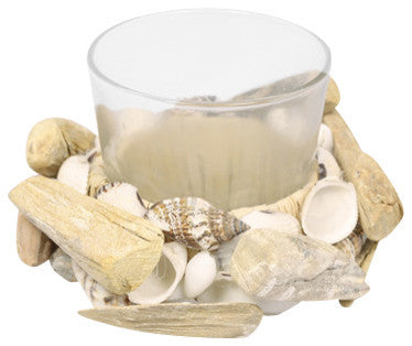 Frosted Glass Candle Holder With Driftwood and Shells