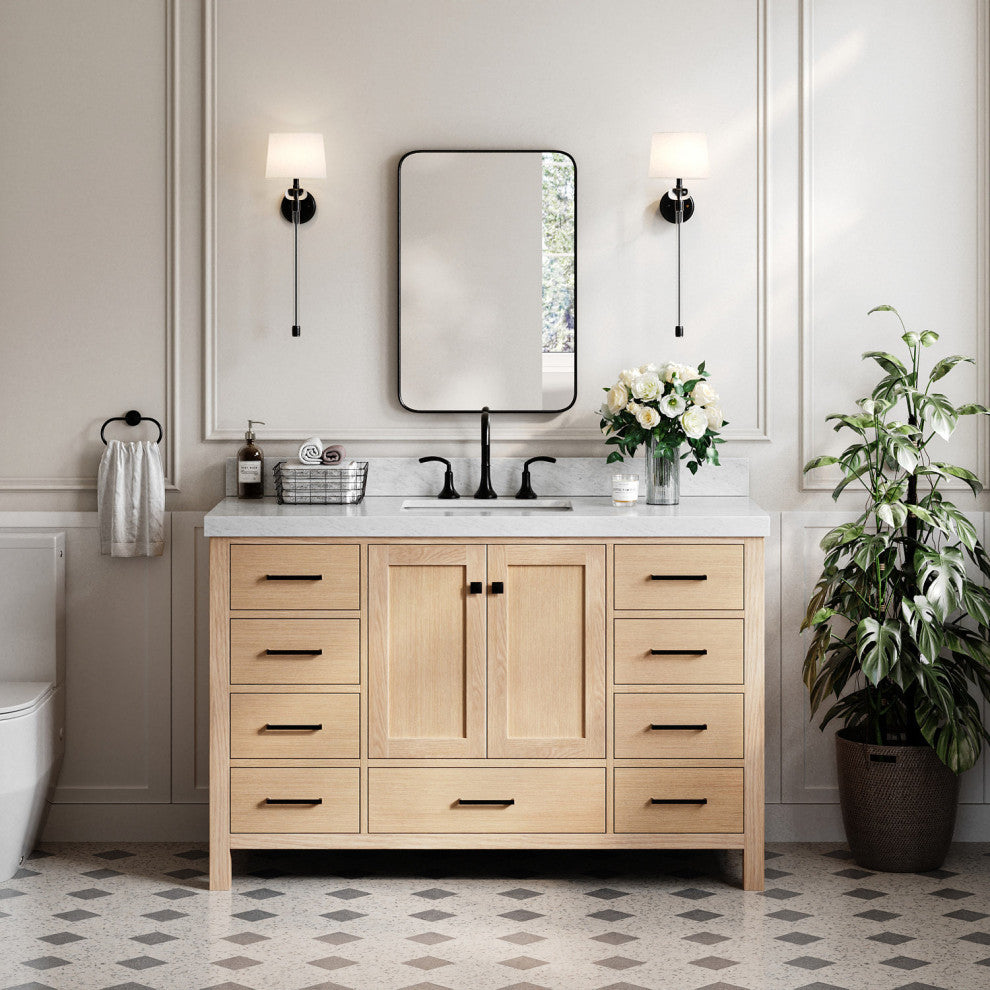 Cambridge 54" Single Bath Vanity With Italian Carrara Marble Top, Oak
