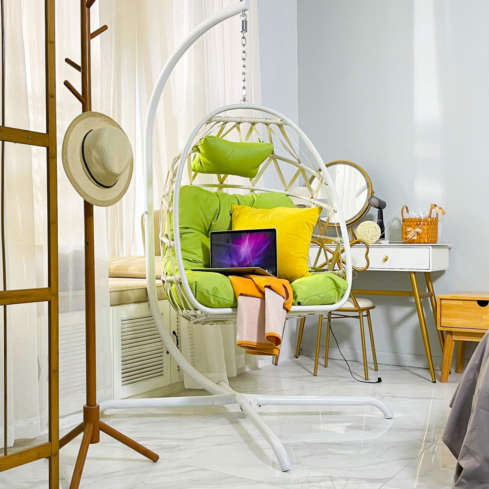 Outdoor Rattan Swing Chair Folding Hanging Egg Chair With Cushion and Pillow