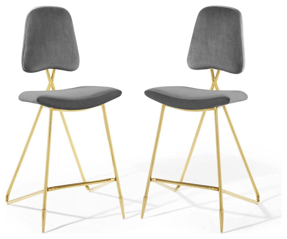 Set of 2 Modern Bar Stool, Golden Base With Footrest & Soft Velvet Seat, Gray