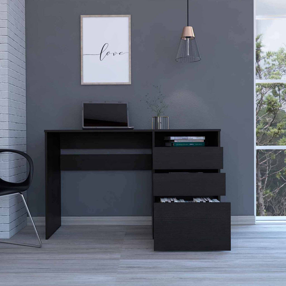Louisiana Writing Computer Desk with Open Shelf and 3 Drawers, Black