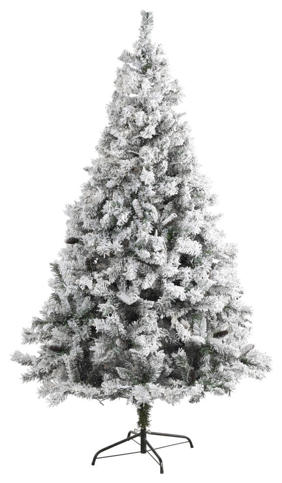 7' Flocked White River Mountain Pine Artificial Christmas Tree With Pinecones