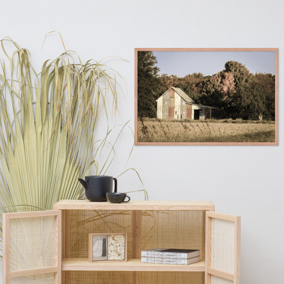 Patriotic Barn in Field Aged Effect Framed Photo Paper Wall Art Prints, Red Oak, 24" X 36"
