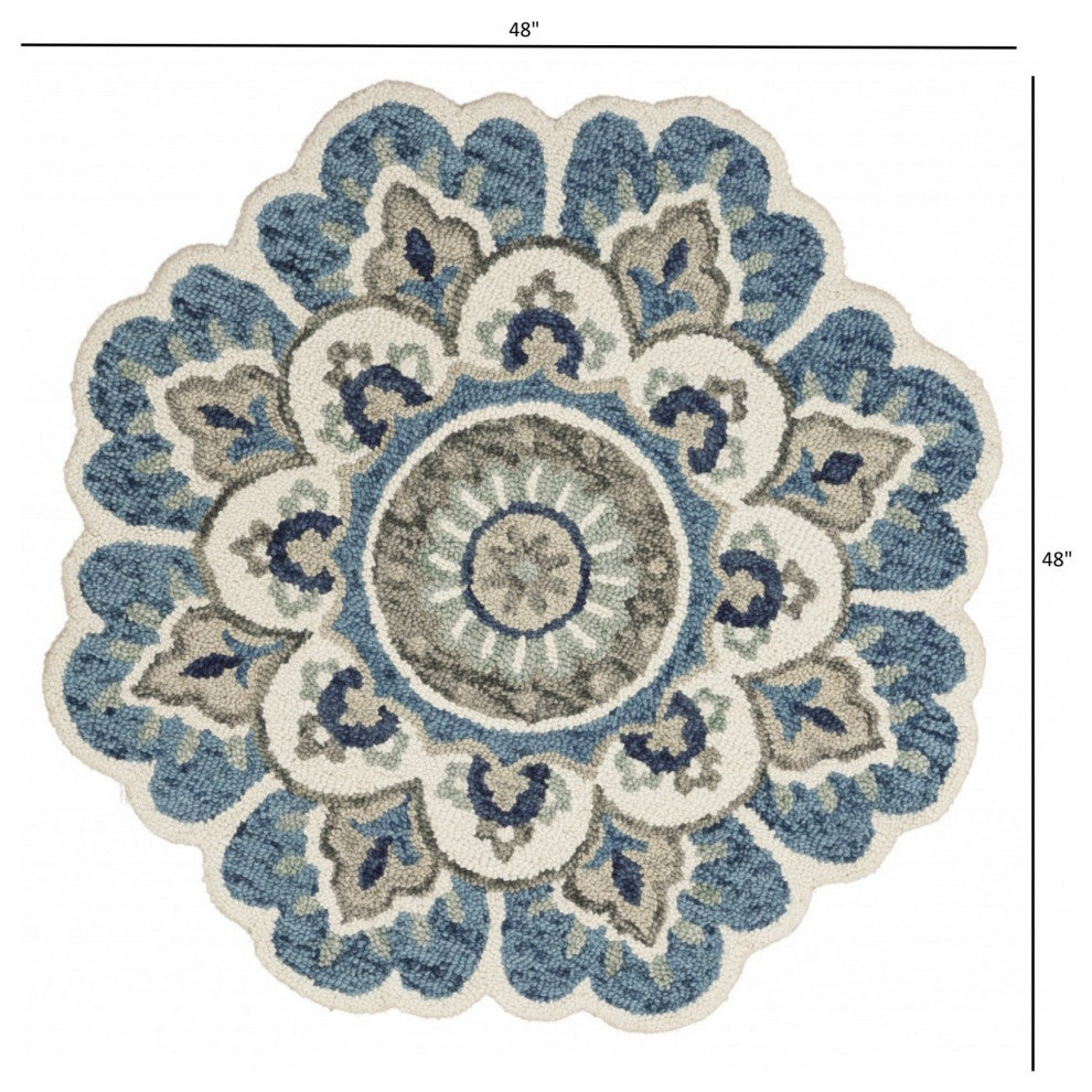 4' Blue and Cream Round Wool Floral Medallion Hand Tufted Area Rug