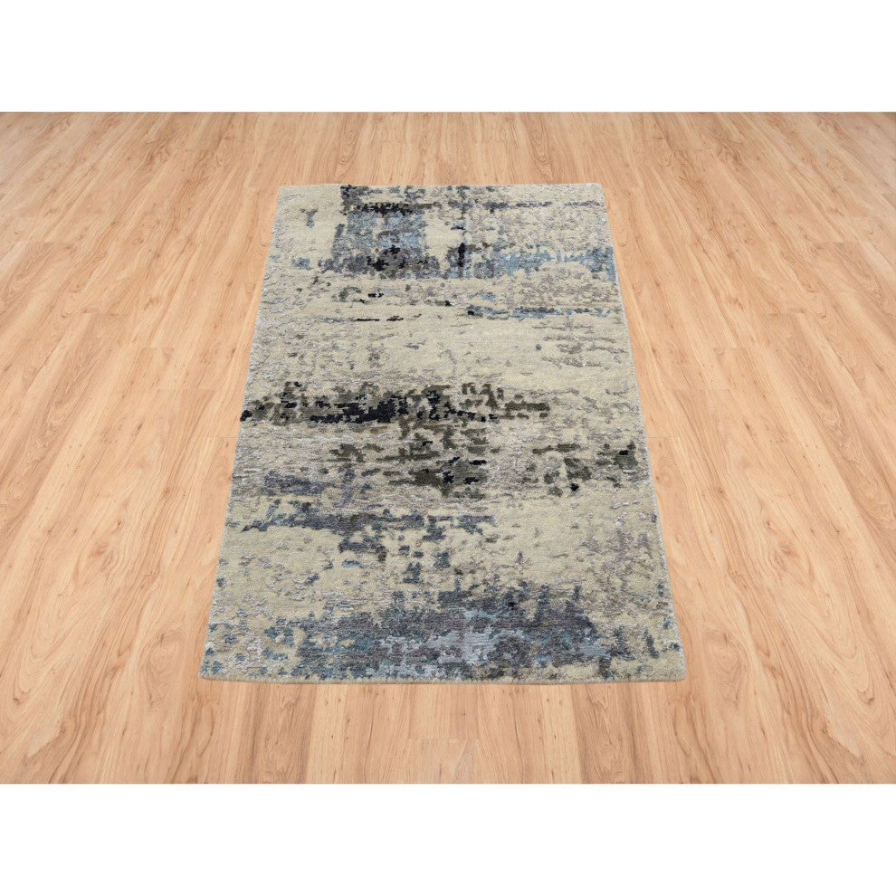 Gray, Modern Abstract Design Wool and Silk, Hand Knotted Mat Rug, 2'0" x 2'10"