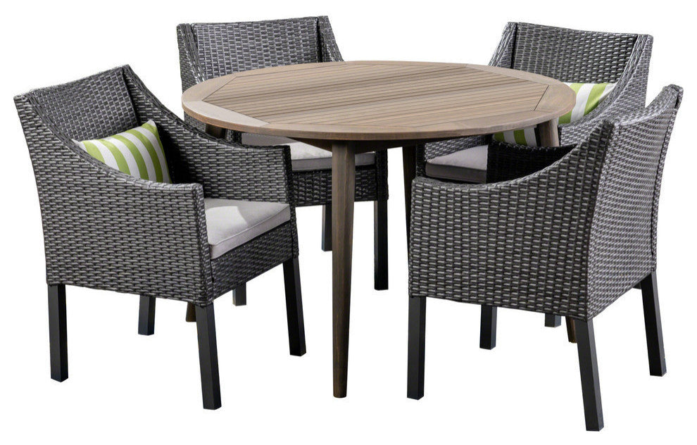 GDF Studio 5-Piece Shipp Outdoor Wood and Wicker Dining Set, Gray/Gray/Silver