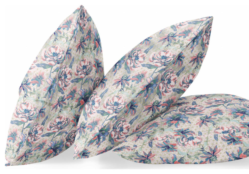 28" Blue Pink Roses Indoor Outdoor Throw Pillow
