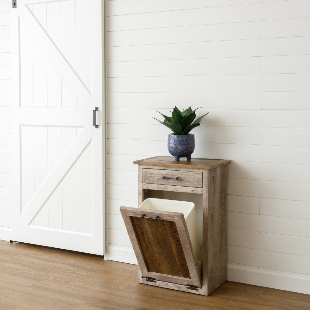 Reclaimed Oak Tilt-out Garbage Bin With Drawer, White With Warm Brown Glaze and Walnut