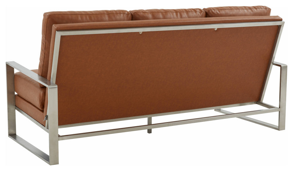 LeisureMod Jefferson Modern Faux Leather Sofa With Silver Frame, Cognac Tan