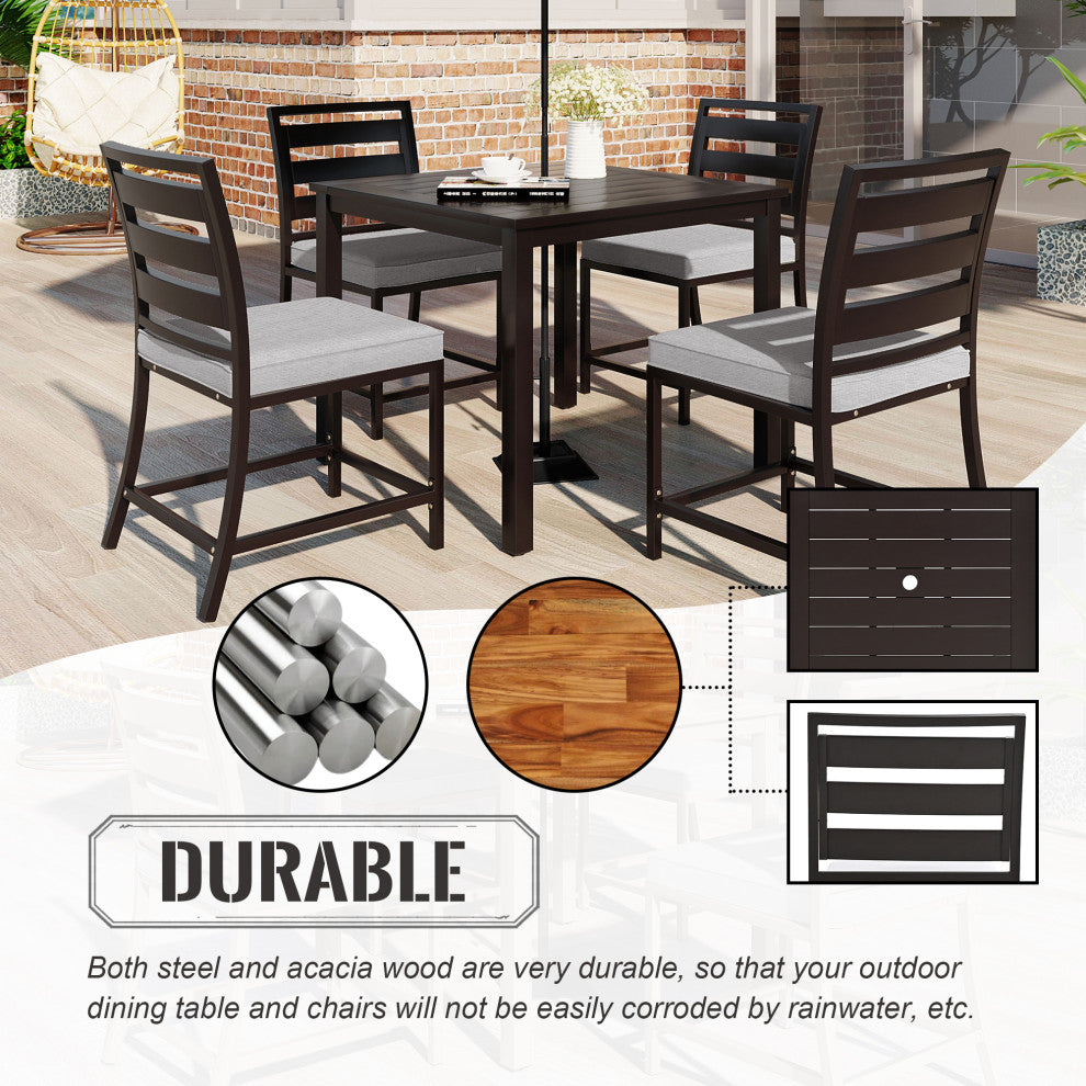 5-Piece Outdoor Steel Patio Dining Set with table and four chairs, Dark Brown