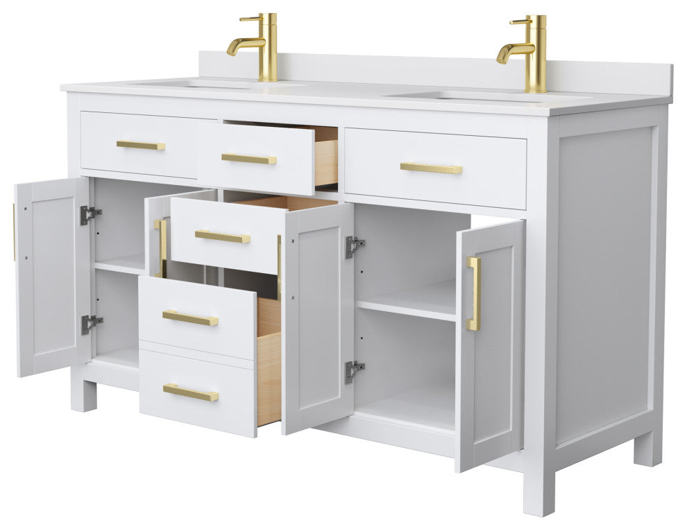 60"DBL Bath Vanity, White, White Cult. Marble Countertop, Sinks, Gold Trim