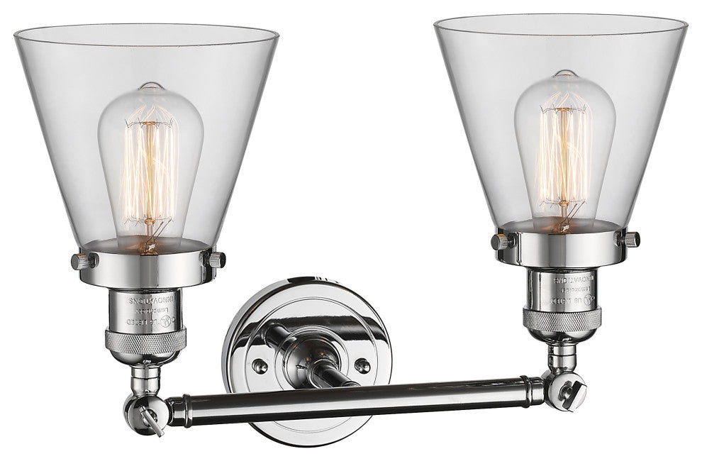 Small Cone 2-Light Bath Fixture, Clear Glass, Polished Chrome
