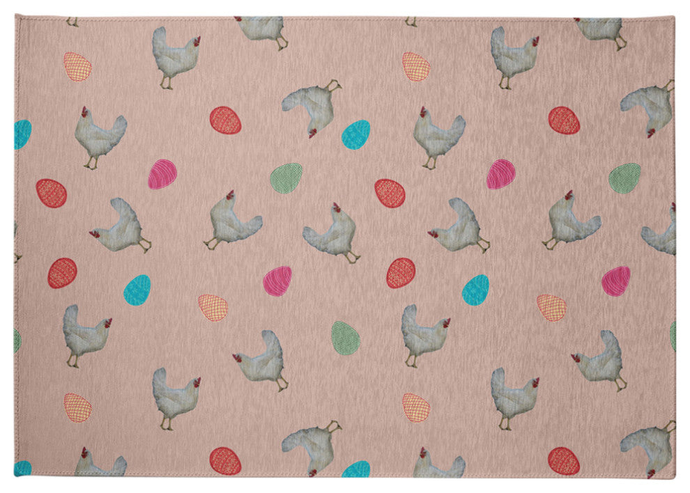 Chickens and Eggs Easter Chenille Rug, Sunwashed Red, 5'x7'